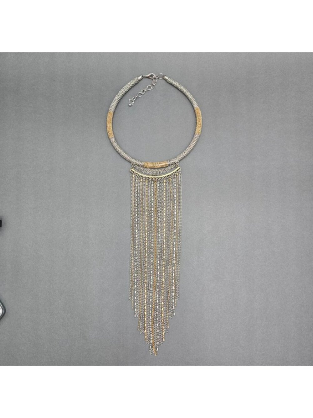 Vintage Two Tone Metal Mesh Collar Necklace Gold Silver Waterfall Fringe Choker - Picture 2 of 15